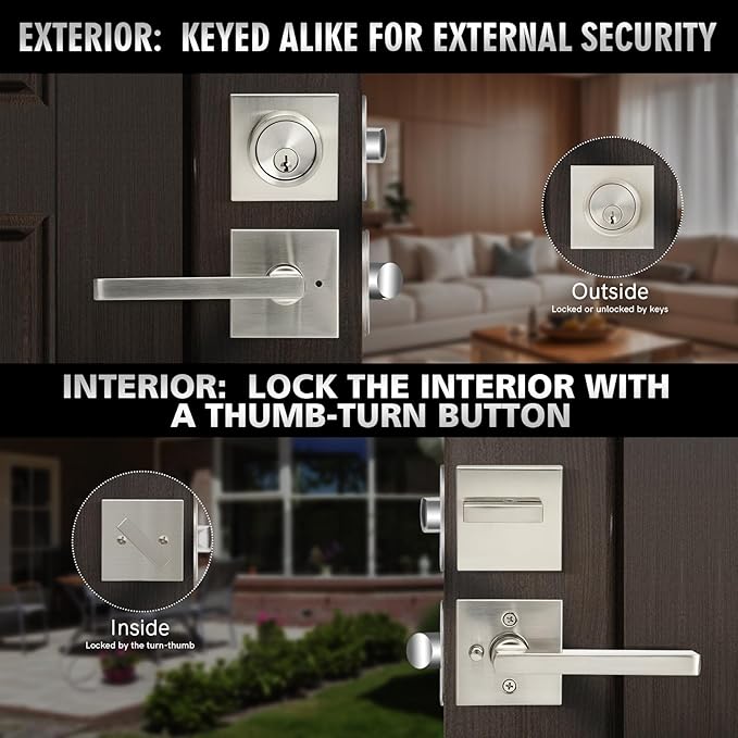 Exterior Door Lock Set with Deadbolt, Front Door Handle Set, Heavy Duty Keyed Alike Privacy Handles, (3Pack-Set,Satin Nickel)