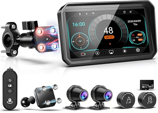 2026 LBW 6" Portable Motorcycle CarPlay GPS(Includes 128G SD), with Wireless Android Auto, Dual 2K Dash Cam/Recorder, Navigation, HD Waterproof Touchscreen, Quick-Release Magnetic Bracket, TPMS, BT