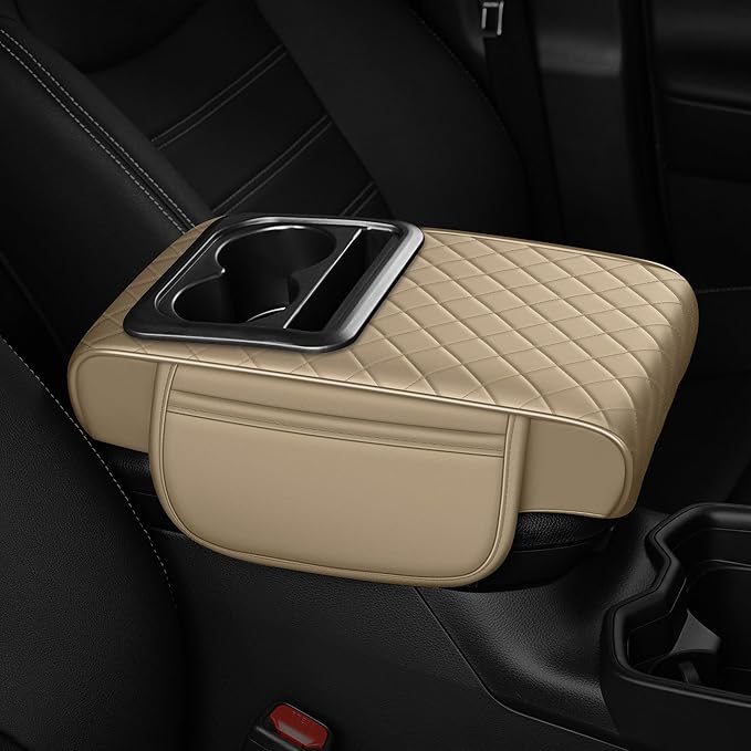 Armrest Cover for Car Fit for Jeep Compass - Center Console Cover with Cup Holders and 2 Storage Pockets(Beige)