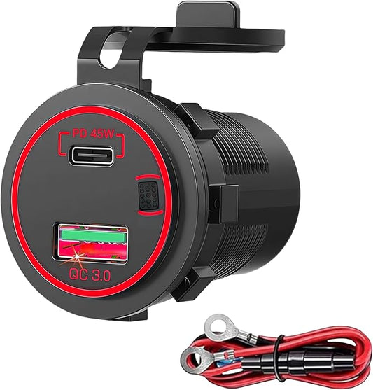 45W PD & 18W QC3.0 USB Laptop Car Charger Power Socket, Marine Type-C/USB C Port Fast Charging Adapter, 12V USB Power Outlet with ON/Off Switch Button Waterproof Cover for Boat RV Truck Golf (Red)