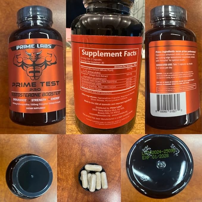 Prime Labs Prime Test Pro - Testosterone Supplement for Men - Test, Vitality, & Energy Booster - with Ashwagandha, PrimaVie Shilajit Extract, & DIM - 60 Capsules