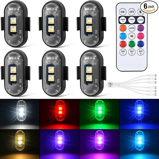 6PCS Wireless LED Strobe Lights with Remote Control, 8 Colors Rechargeable Led Lights Anti-Collision LED Emergency Warning Lights for Car Motorcycle Bike Drone Aircraft
