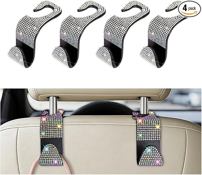 4PCS Bling Car Seat Headrest Hooks, Crystal Rhinestone Vehicle Back Seat Hanger Holder, Auto Interior Headrest Hanging Storage Organizer for Purse Handbag Coat, Universal Fit (AB Color)