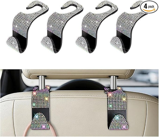 4PCS Bling Car Seat Headrest Hooks, Crystal Rhinestone Vehicle Back Seat Hanger Holder, Auto Interior Headrest Hanging Storage Organizer for Purse Handbag Coat, Universal Fit (AB Color)
