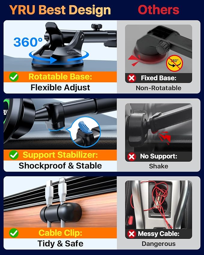 YRU [2026 Military-Grade] for Magsafe Car Mount 90+LBS Strong Suction 360° Adjustable Magnetic Phone Holder for Car Dashboard Windshield Vent, Cradle for iPhone 17 16 15 14 13 12 Samsung, Dark Blue
