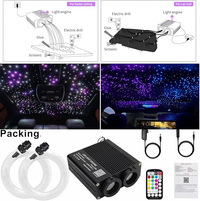 AZIMOM Dual Color 32W Sound-Activated 1300pcs Fiber Optic Starlight Headliner Kits 0.03in 13.1ft Fiber Strands APP/Bluetooth Remote Control Music Sensory Star Ceiling Home Car Roof Decor
