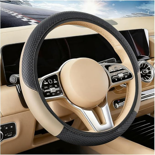 Car Steering Wheel Cover, Elastic Stretch Leather Non-Slip Vehicle Steering Wheel Guard, Automotive Interior Protective Decor Accessories, Universal for SUV RV Truck (Beige)