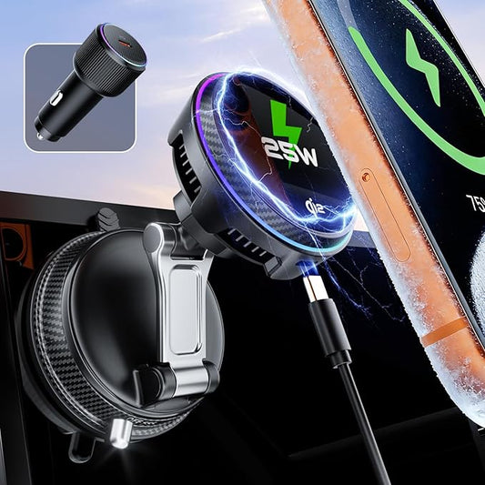 25W Certified for MagSafe Car Mount Charger with LED Light, Wireless Car Charger with TEC & Cooling Fan, 360°Rotation Strong Magnetic Phone Holder for Car with 45W Adapter for iPhone 17 Promax