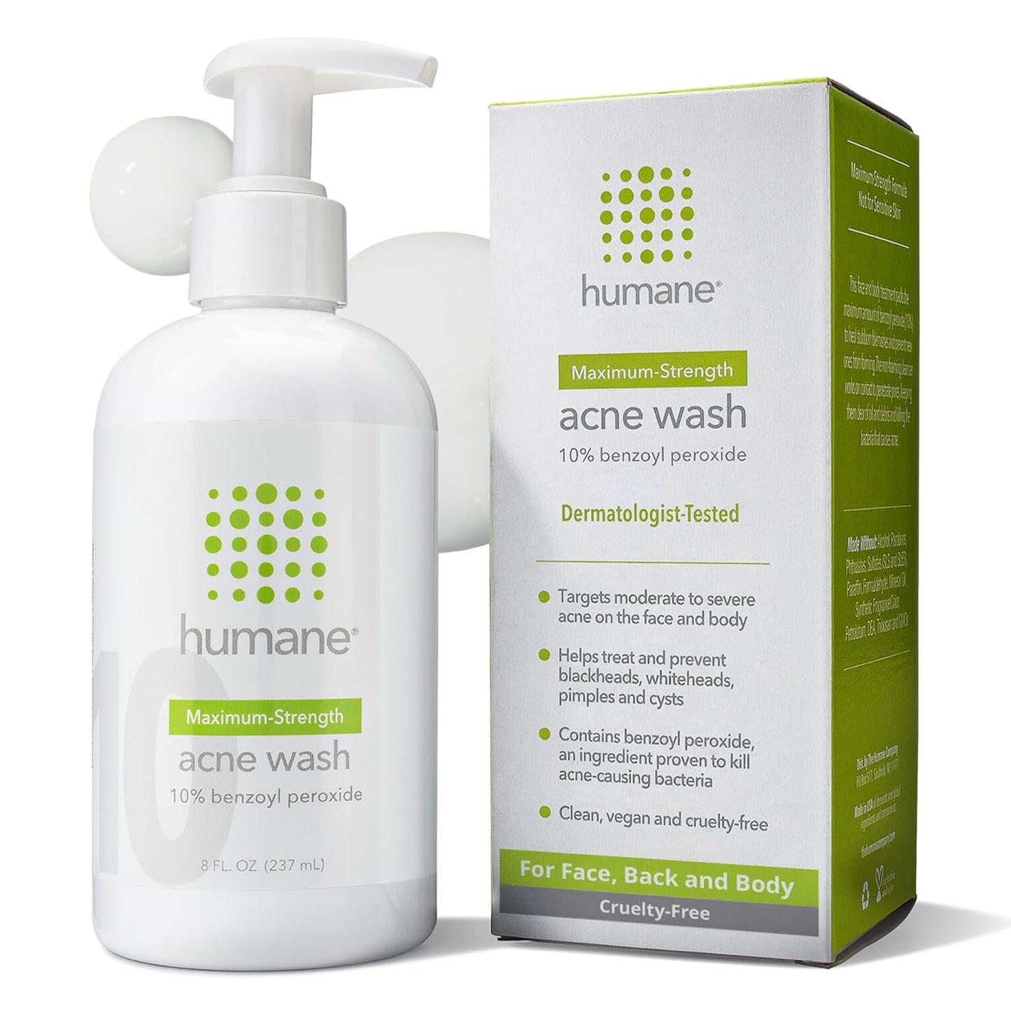 humane Benzoyl Peroxide Acne Body Wash - 10% Maximum-Strength Face, Skin, Butt, and Back Acne Treatment - 8 Fl Oz - Dermatologist-Tested Non-Foaming Acne Face Wash Cleanser - Vegan, Cruelty-Free