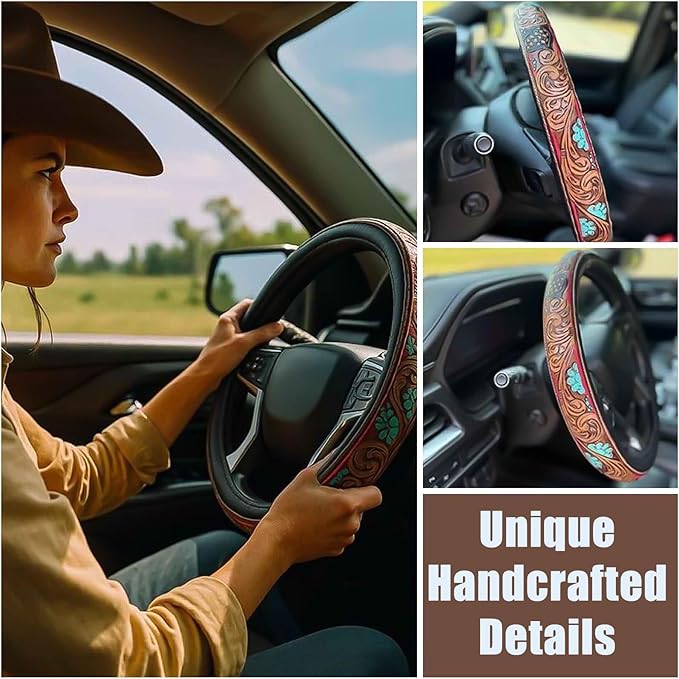 Retro Western Cowboy Car Universal Steering Wheel Cover, Embossed Handcrafted Tooled Leather Western,Anti Slip, Auto Interiors Accessories,Breathable for Trucks SUVs Cars (B)