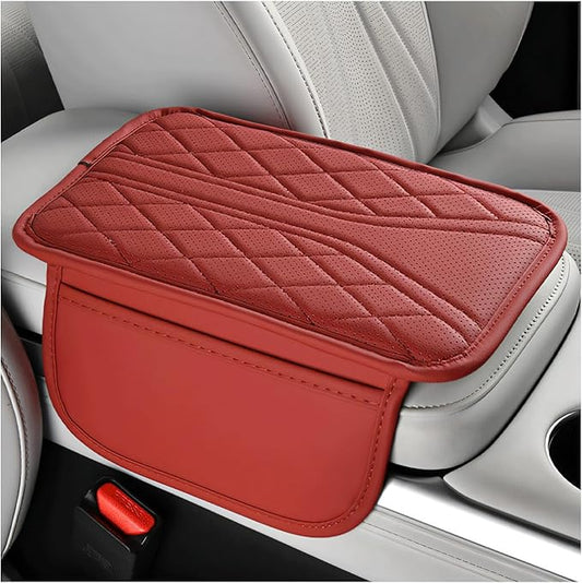 Car Center Console Cover, Leather Auto Armrest Cushion Pad with Two Storage Pockets, Waterproof Arm Rest Box Mat Protective Cover for Sedan SUV Truck, Car Accessories (Red)