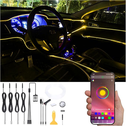 4 Meters Optic Fiber Car Ambient Lighting with Bluetooth App Control 64 Colors Multicoloured Music Interior Lighting Kit DC 12V 1W