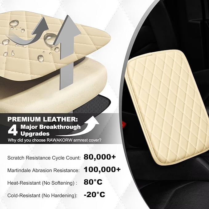 Upgraded Car Center Console Cover Fit for Camry Faux Leather Car Armrest Cover Cushion with 2 Storage Bags,Car Armrest Storage Box Interior Accessories(Beige&Whiteline)