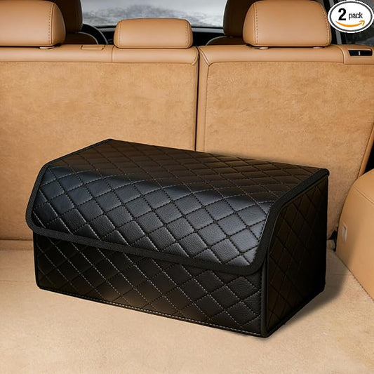 2Pack Leather Trunk Organizer for SUV & Sedans - Extra Large Foldable Car Storage Box with Lid, Adjustable Removable Dividers and Carry Handle, Collapsible Auto Cargo Organizer Black