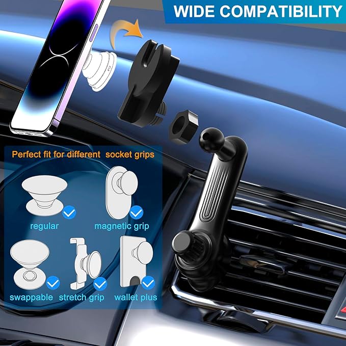 Car Phone Holder for Socket Mount, Air Vent Car Phone Holder for Pop Grip [Never Blocking] AC Vent Clip Phone Mount 360° Adjustable Works with Popsocket Car Mount for iPhone Samsung All Smartphones