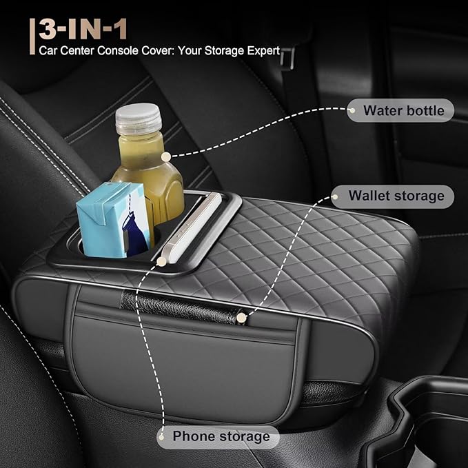 Center Console Cover Fit for Camry Faux Leather Car Armrest Cushion with Storage Bags, Cup Holder ＆ Phone Storage Multifunctional Middle Console Cover(Grey)