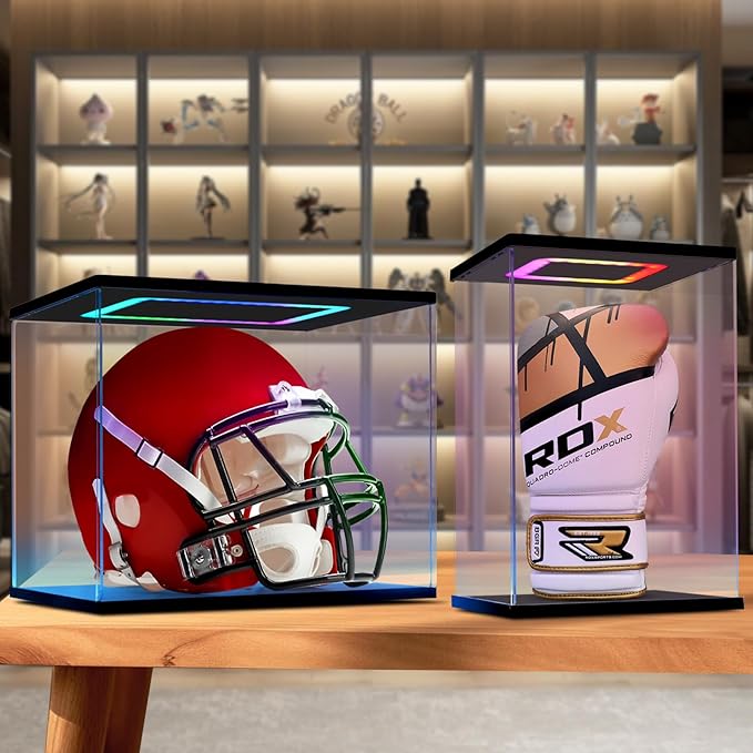 Football Helmet Display Case with Light, Multiple Color Lights Dustproof Protection Helmet Showcase for Collectibles Memorabilia Storage（15×11×12inch）