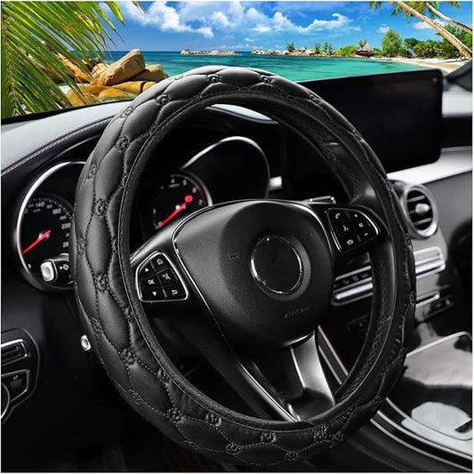 Car Steering Wheel Cover, PU Leather Non-Slip Lantern Pattern Vehicle Steering Wheel Cover Protection, Breathable Automotive Interior Protecter Accessories, Universal Fit (Black)
