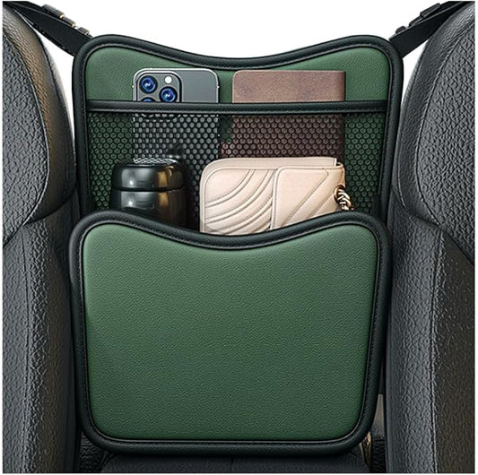 Car Purse Holder Between Seats, Nappa Leather Front Seat Storage Bag with Tissue Holder, Large Capacity Automotive Console Organizer for Document Phone Wallet, Car Accessories (Green)