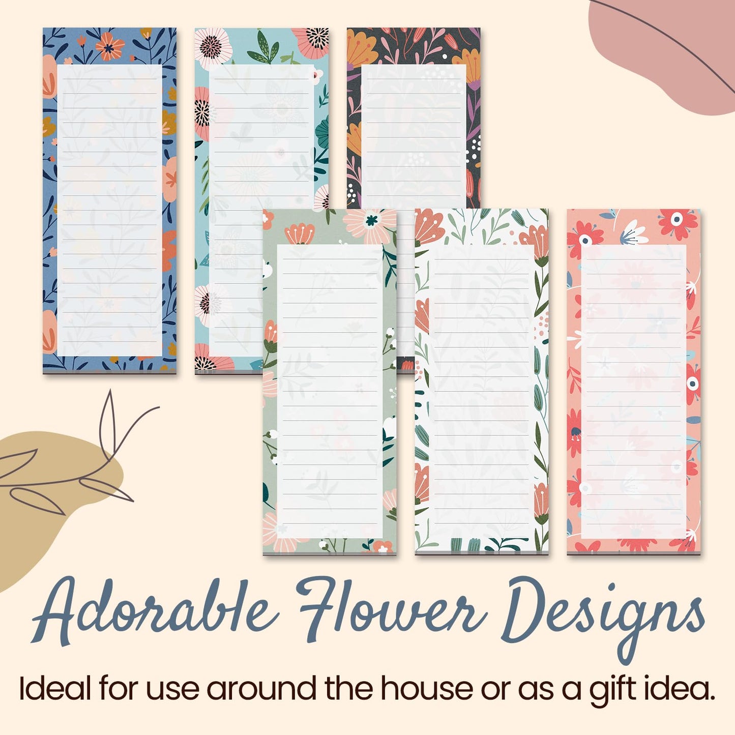 MATICAN Grocery List Magnet Pad for Fridge, 6-Pack Magnetic Note Pads Lists, 60 Sheets Per Pad, 6 Cute Floral Designs, Full Magnet Back To-Do-List Notepads