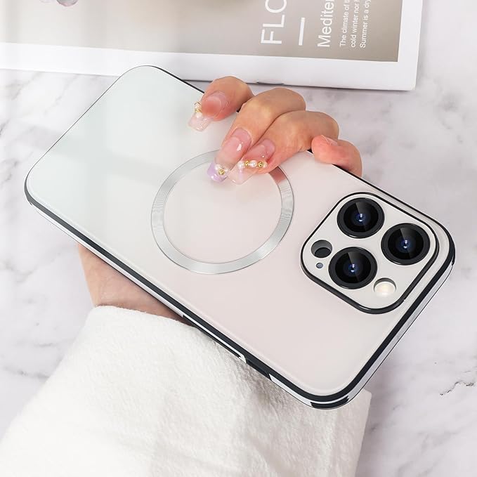Guppy Compatible with iPhone 13 Pro Max Case Magnetic, with Full Camera Lens Protector [Compatible with MagSafe] Scratch Resistant Gradient Glass Back Cover Phone Case-White