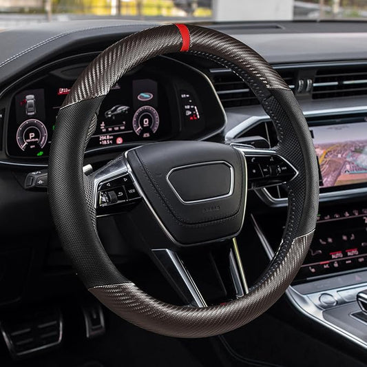 Car Steering Wheel Cover, Steering Wheel Accessories, 15 Inch Microfiber Leather Carbon Fiber Soft Anti-Slip Breathable, Car Accessories Elastic Non-Slip Cover for Most Vehicles (Black Gray)