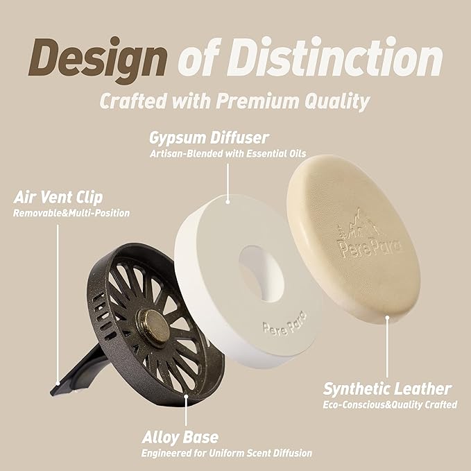 Leather & Metal Car Air Freshener, 2-Way Vent & Hang Design, Refillable Long Lasting Diffuser with 2 Refills, Natural Amber Vanilla Scent, Stylish Auto Accessory for Cars & SUV