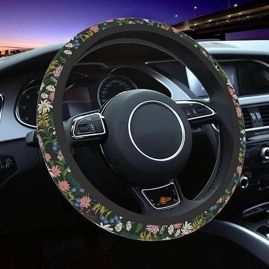 Car Steering Wheel Cover for Women Men, Non-Slip Sage Green Wild Flowers Steering Wheel Protector, Universal 14"-15" Fit for Cars, SUVs, Trucks (Sage Green Wildflowers)