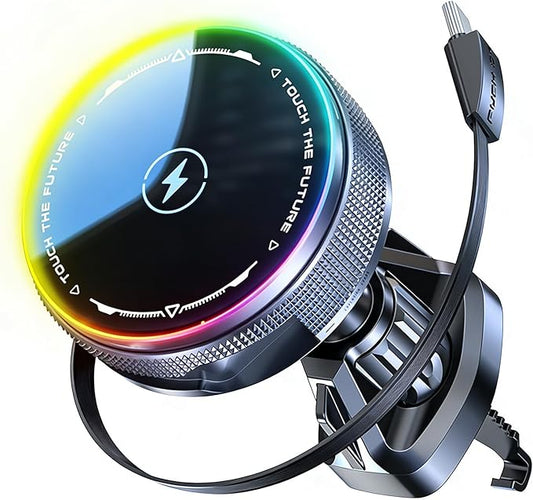 Car Mount Charger 15W Magnetic Phone Holder with Type-C Retractable Cable and RGB Light, Mag Wireless Charging Phone Mount for Air Vent Compatible with iPhone, Samsung, All Smartphones (Gray)