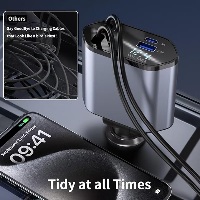 YAOKEEP 120W Fast Charging Retractable Car Charger 4 in 1, 180°Rotation Car Phone Charger with 31.5" Cables, USB Type-C and Lightning, Car Charger Adapter for iPhone 17/16/15/14 /13/12,Android,Samsung