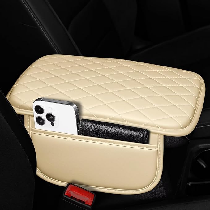 Upgraded Car Center Console Cover Fit for Avalon Faux Leather Car Armrest Cover Cushion with 2 Storage Bags,Car Armrest Storage Box Interior Accessories(Beige&Whiteline)