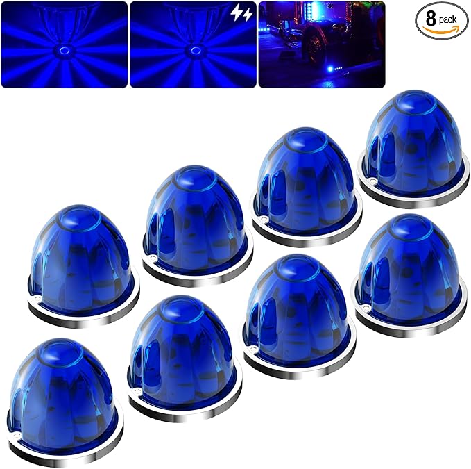 BJZ 8Pcs Blue Watermelon LED Strobe+Constant Marker Lights Dual Function Watermelon-Shaped Side Marker Clearance Tail Top Cap Roof Lights for Trailer Truck Semi-Trailer Heavy-Duty Truck Bus Van