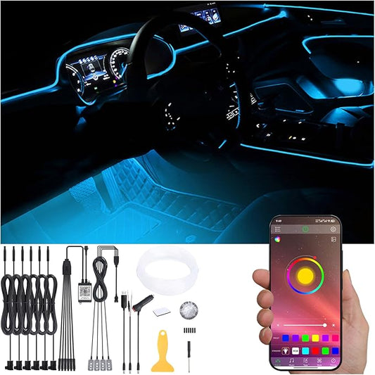 8 m Optic Fiber Car Ambient Footwell Lighting Kit Bluetooth App Control 64 Colors Multicoloured Music Interior Lighting Kit 12V 1W