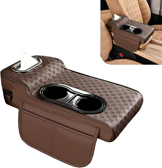 Car Center Console Leather Armrest Increase Cushion, MultiFunctional Armrest Box Pad with Dual Cup Holder, Tissue Box, Side Card Holder, Universal for Most Cars, SUVs, Trucks (Coffee)