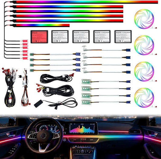 Car Interior Lighting, 22-in-1 HMYC 128 Colorful LED Acrylic Fiber Optic Strips, Universal Decorative Ambient Lighting with Music-synced Rhythm, app Control, RGB neon Lighting for All Cars