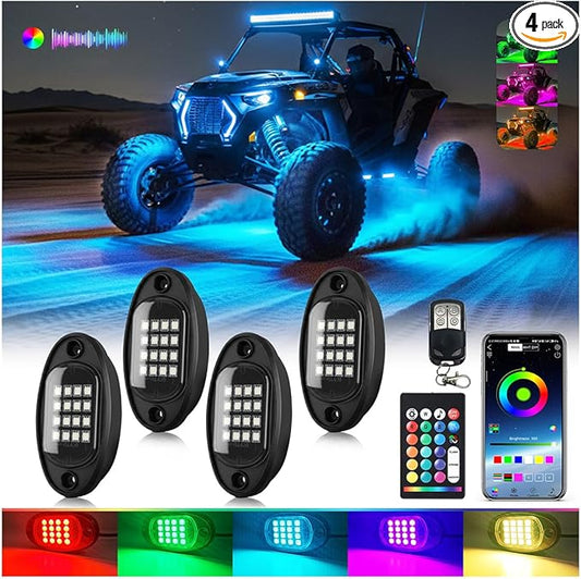 4Pods Segmented RGB LED Rock Lights Kit for ATV UTV 4 Wheeler Can-Am SXS RZR Side By Side Offroad Golf Cart with APP/RF Remote, Multicolor Underglow Accent Light Waterproof Vehicle Music 12V Underbody