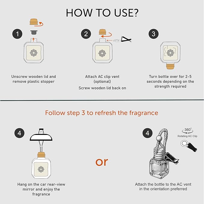 Llum Tuscan Leather Hanging Car Air Freshener – Luxury Automotive Perfume Diffuser 10ml (0.34 fl oz), Long-Lasting Fragrance, Alcohol-Free Non-Toxic Scent, Glass Bottle With Wood Cap & AC Vent Clip