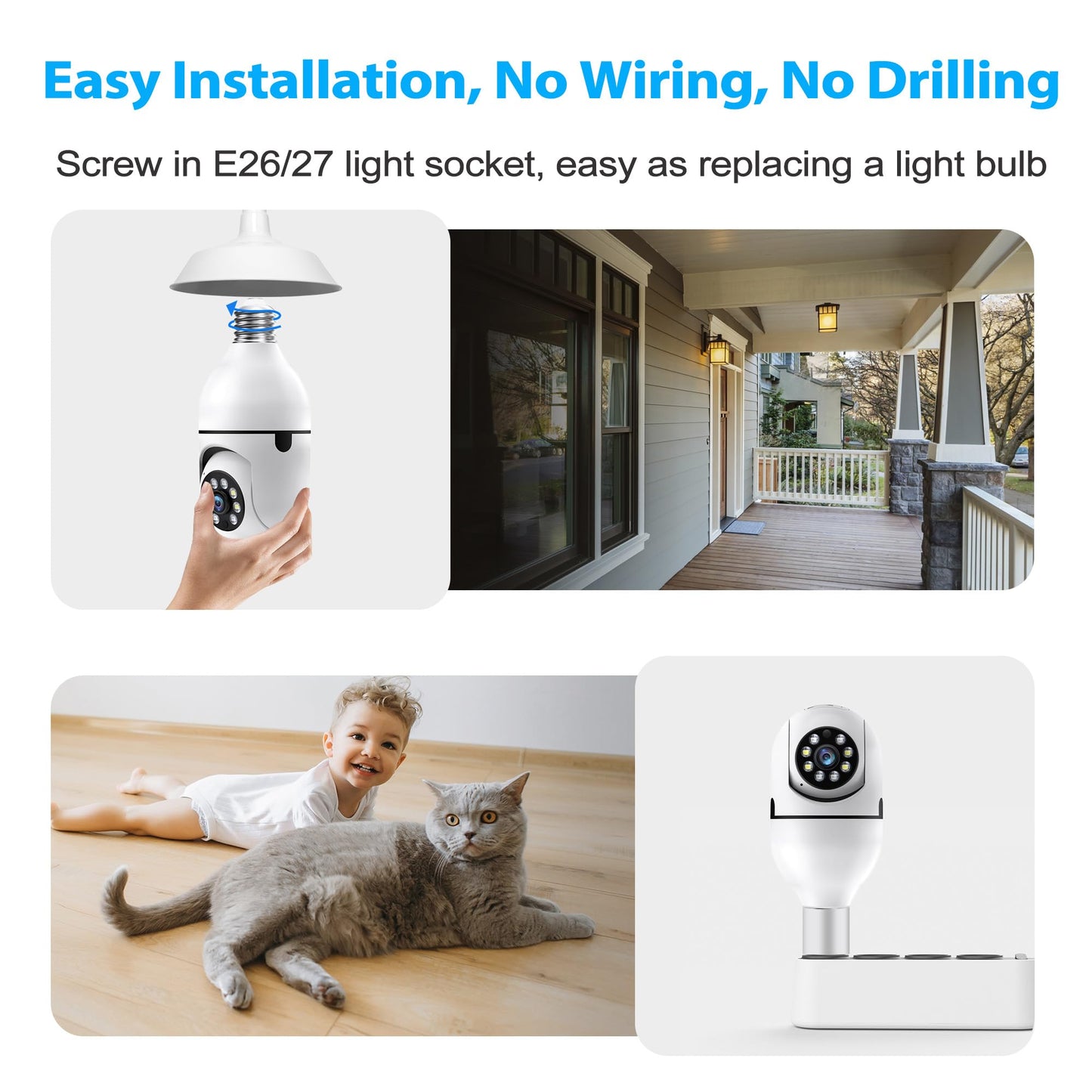 Light Bulb Security Camera 2 Packs, 5G&2.4GHz 2K Security Cameras Wireless Outdoor 360° PTZ Cameras for Home Security with Color Night Vision, 2 Way Talk, AI Human Detection, Screw in Light Socket