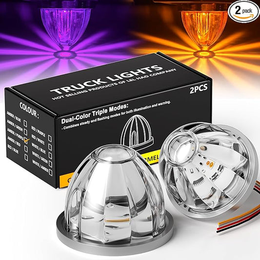 2-Pack Dual Color LED Watermelon Lights Cab Roof Clearance Marker Warning Lights Amber Purple Strobe & Steady Side Marker Lamp with Bezel for Truck Trailer RV Off-Road Vehicle