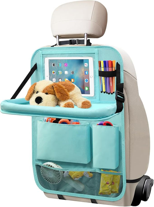 Car Backseat Organizer with Tray, Seat Back Table Holder with 6 Storage Pockets, Car Seat Back Protectors Kick Mats Travel Accessories, 1 Pc Blue