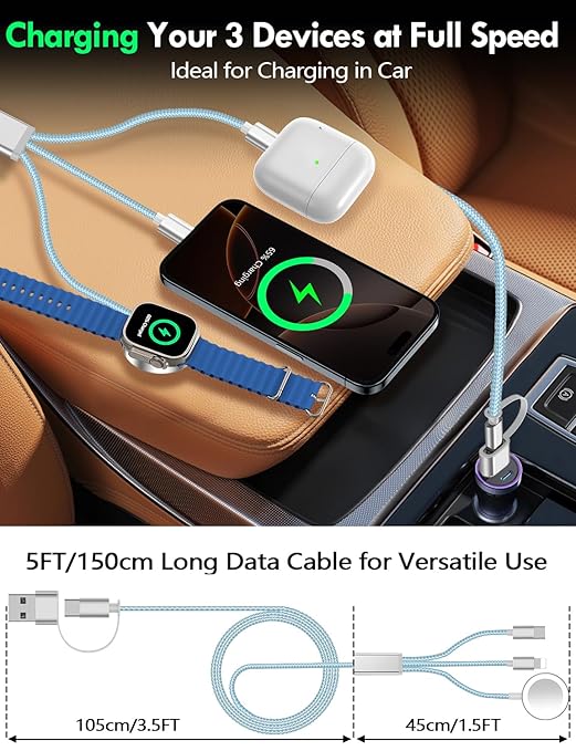 Travel Essentials for Apple Watch Charger,iPhone Charger,3 in 2 Type C/L/Magnetic Fast Charging Cable,Multi Charging Cable Portable Designed for iWatch Series,iPhone 17-11,Galaxy S26-S21,Car-5FT