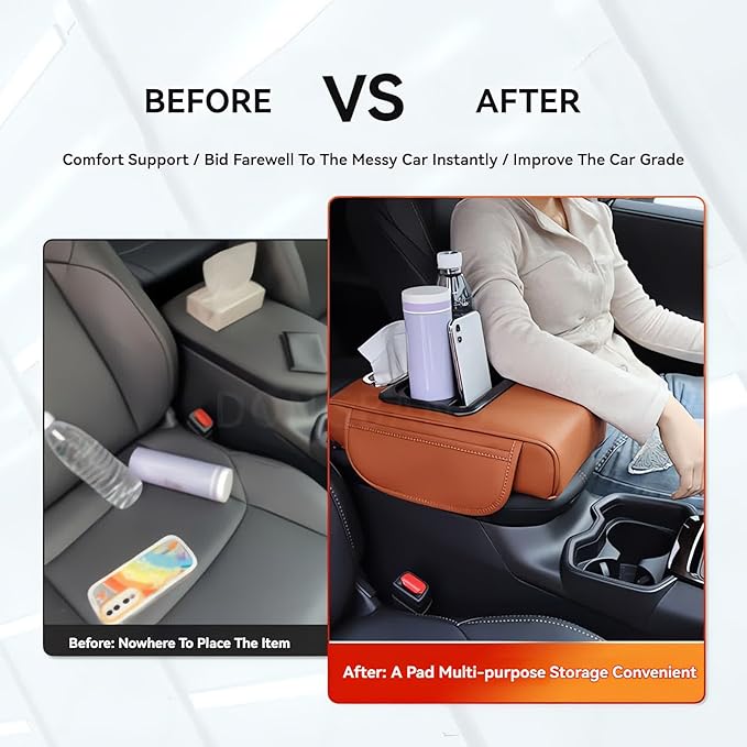 Multifunctional PU Leather Car Armrest Box Mat, 5-in-1 Multifunctional Car Armrest Cushion, Center Console Cover with 2 Cup Holder, For Storing Tissues, Phones, Wallets, Drinks, for Most Cars (Orange)