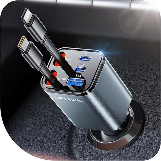 2026 Ultra-Compact SUPERONE Retractable Car Charger, 5 in 1 Car Phone Charger with USB C & Apple Cables, 84W Fast Charging USB C Car Accessories Adapter for iPhone 17/16/15/14/13, Galaxy, Pixel