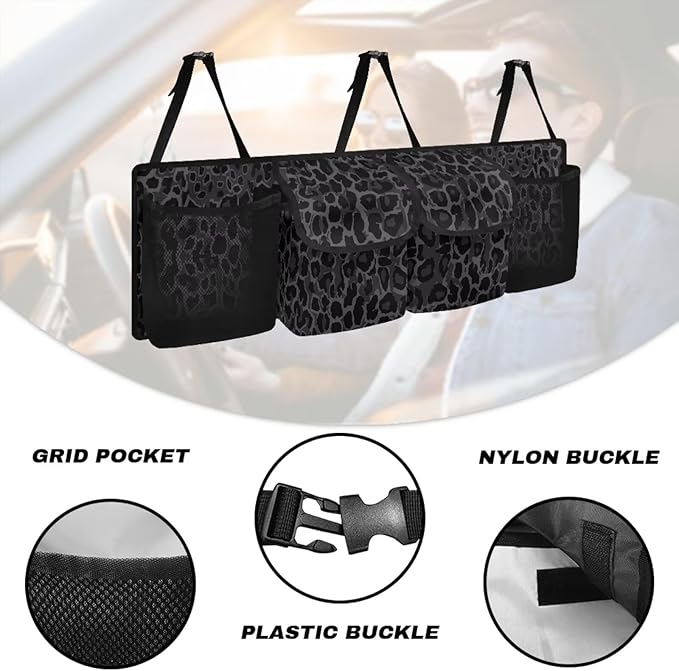 Car Trunk Organizer Small SUV Trunk Organizers and Storage, Balck Leopard Print Car Organization Women Stylish Car Accessories with 4 Pockets, Leave Room for Buying and Shopping