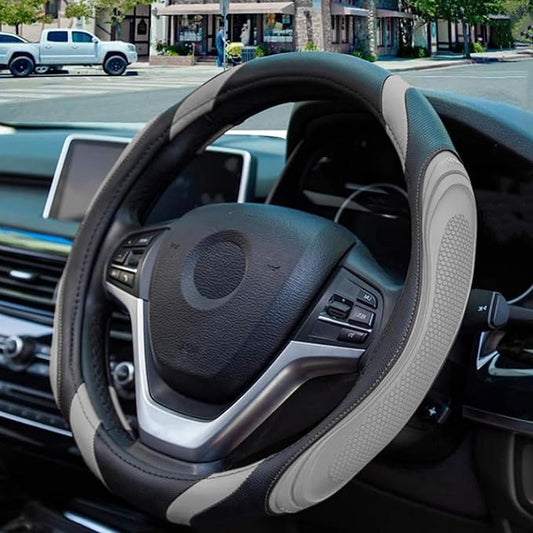 Car Steering Wheel Cover, 15 Inch Leather Breathable Anti-Slip Soft Steering Wheel Protector for Men and Women, Universal Car Accessories for SUV, Truck, RV (Gray)