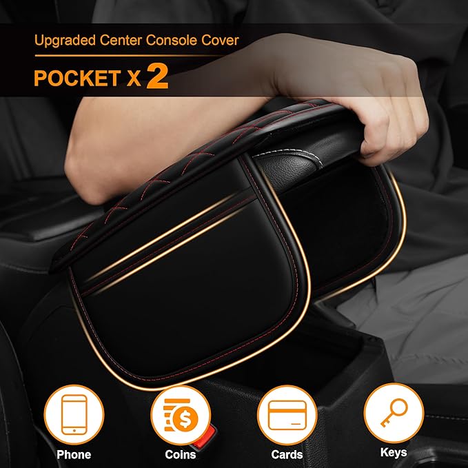 Center Console Cover for Cars Fit for Jeep Grand Cherokee Leather Armrest Covers with 2 Storage Bags(Black&Red)