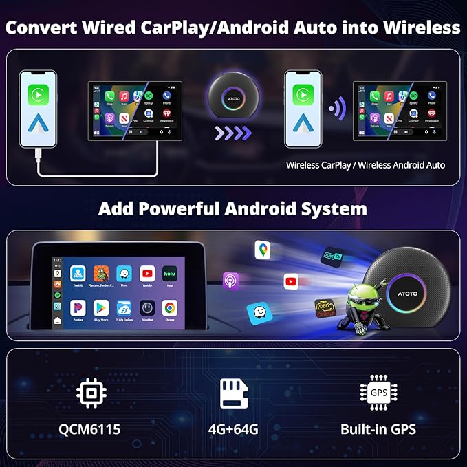 CB6 AI Box CarPlay Support for YouTube/TikTok, 2025 Wireless CarPlay Adapter with ChatGPT Assistant, Android 13,GPS Tracking, 4G LTE, Plug & Play, for Cars with Wired CarPlay/AA, 4G+64G, Black