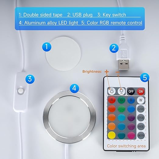 Remote Control RGB LED Lamp Kit 001 with Color Memory Function for Bambu Lab Multicolor RGB Makerworld and Anycubic Makeronline 3DPrint DIY Hardware Model Parts 5V USB Powered (12PCS)