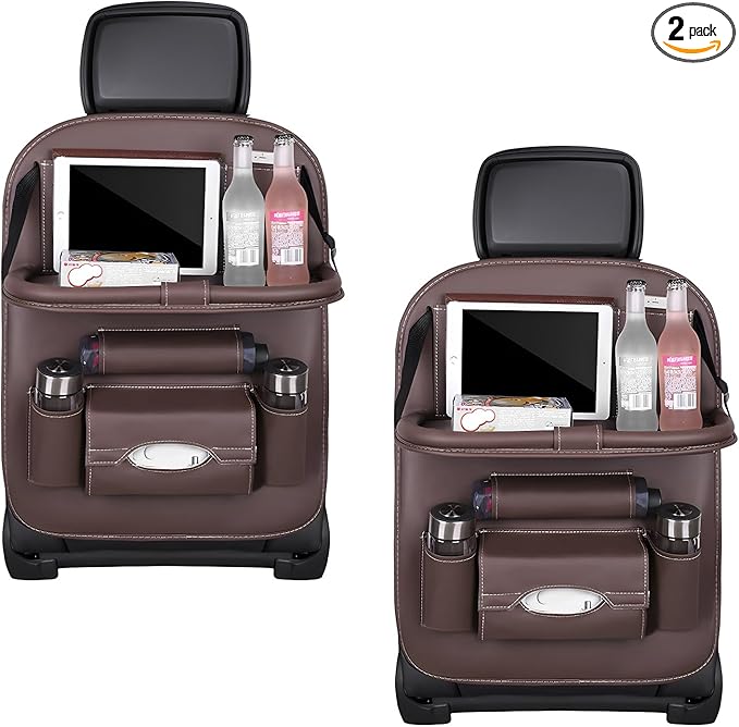 2PCS Car Backseat Organizer, Leather Multi-Pocket Seat Back Protector with Foldable Table Tray, Multifunctional Vehicle Storage Organizer Kick Mat for Kids Toddler Travel (Coffee)