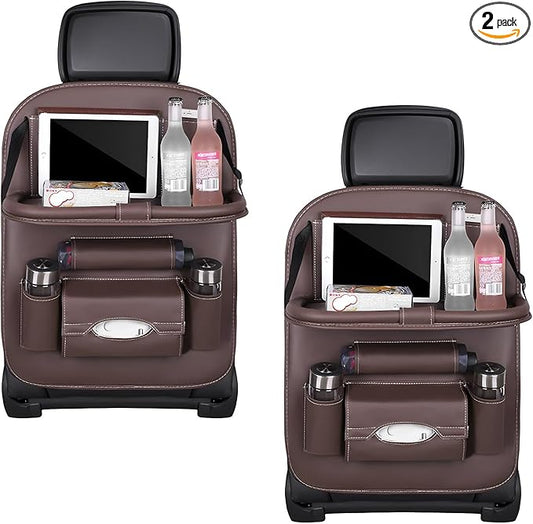 2PCS Car Backseat Organizer, Leather Multi-Pocket Seat Back Protector with Foldable Table Tray, Multifunctional Vehicle Storage Organizer Kick Mat for Kids Toddler Travel (Coffee)